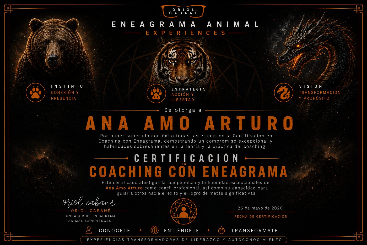 Certificado de la Certificación en Coaching con Eneagrama, Eneagrama Animal Experiences